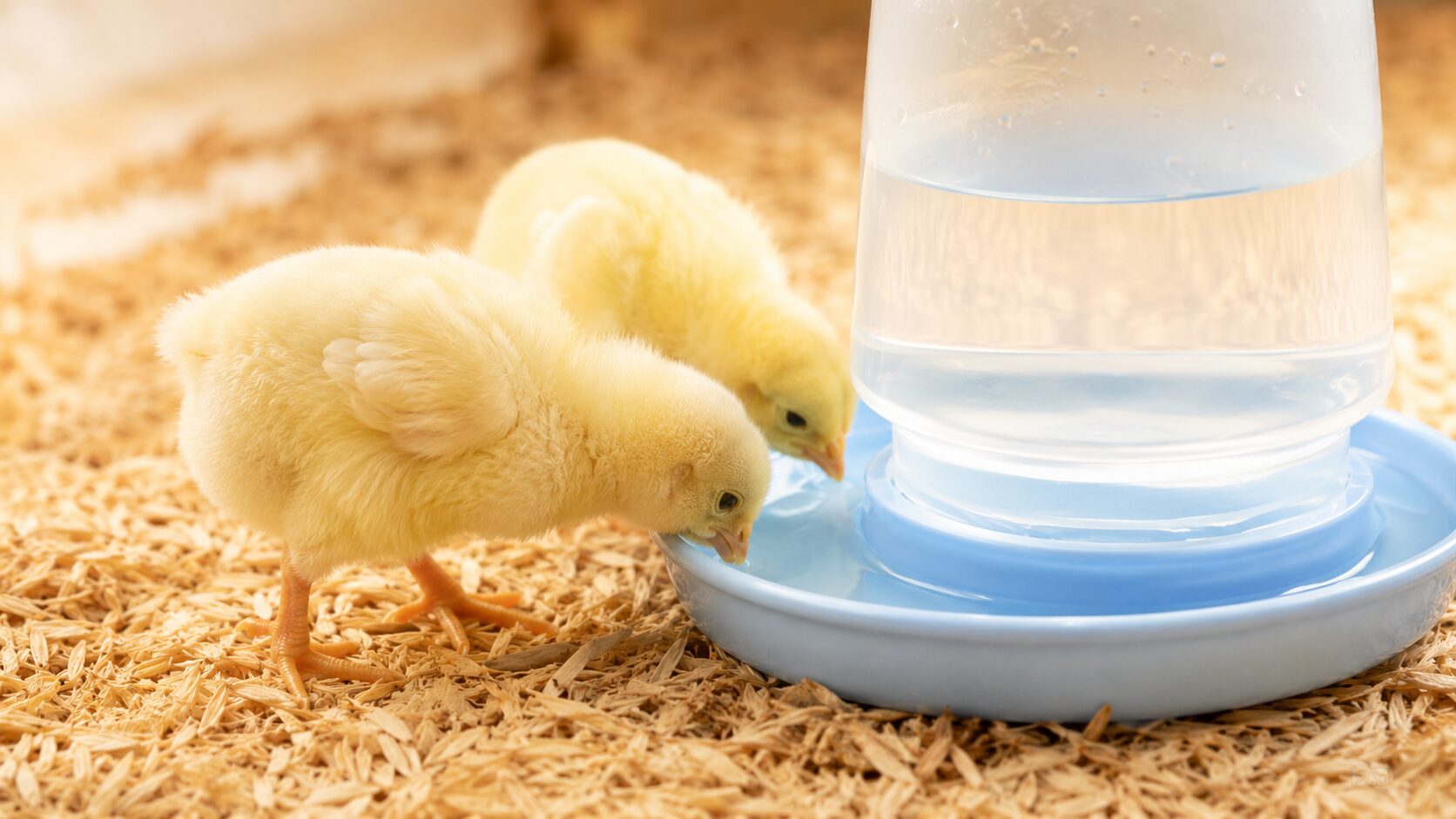 ひよこ専用水飲み器から水を飲むひよこの様子