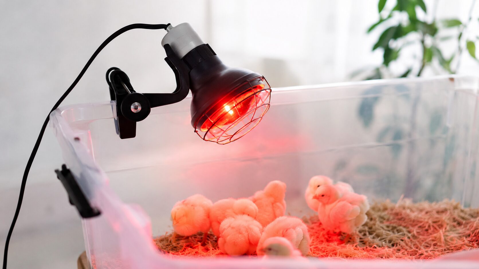 ひよこの飼育箱に設置した保温電球（ヒートランプ）