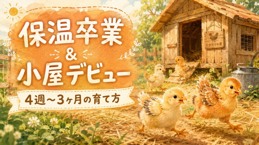 羽が生えてきた小雛・大雛が鶏小屋の前で元気に走り回るイラスト