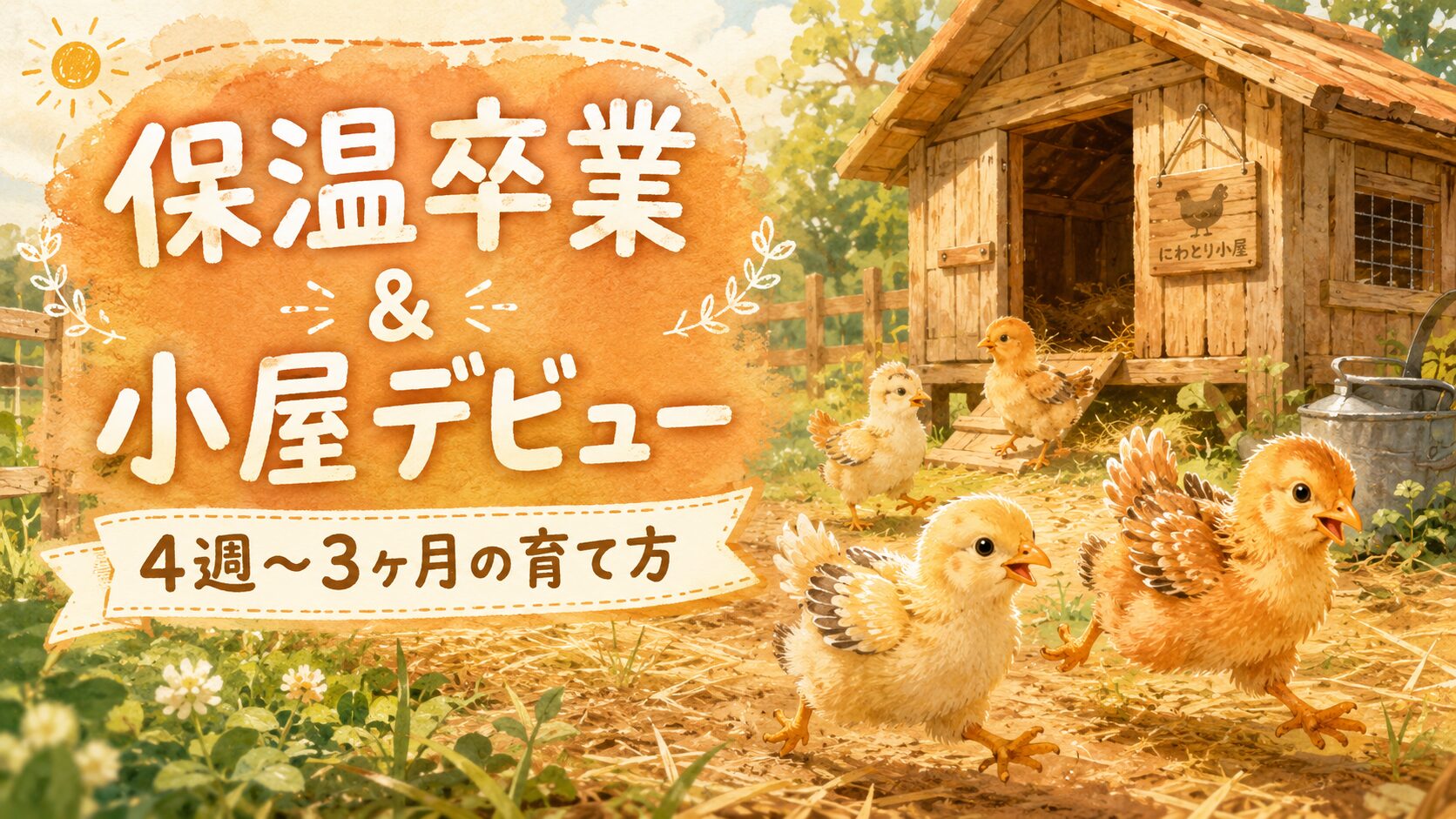 羽が生えてきた小雛・大雛が鶏小屋の前で元気に走り回るイラスト