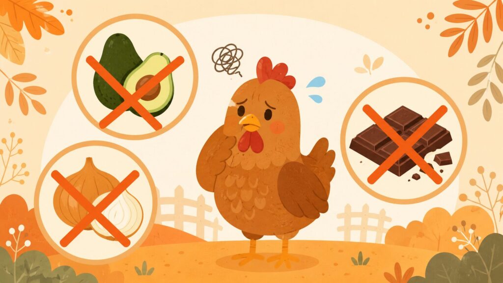鶏に与えてはいけない食べ物（アボカド・ネギ・チョコレート）の警告イラスト