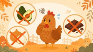 鶏に与えてはいけない食べ物（アボカド・ネギ・チョコレート）の警告イラスト