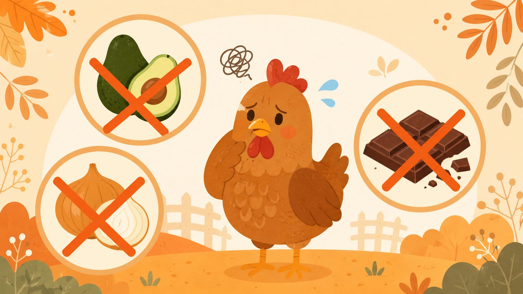 鶏に与えてはいけない食べ物（アボカド・ネギ・チョコレート）の警告イラスト