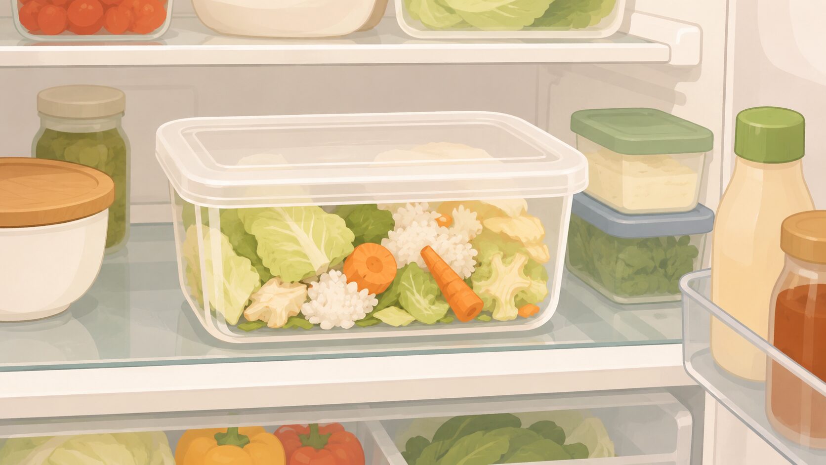 冷蔵庫の中にフタ付きタッパーで野菜くずを保存している様子