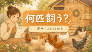 庭で鶏を何匹飼うか考えている人と放し飼いの鶏のイラスト