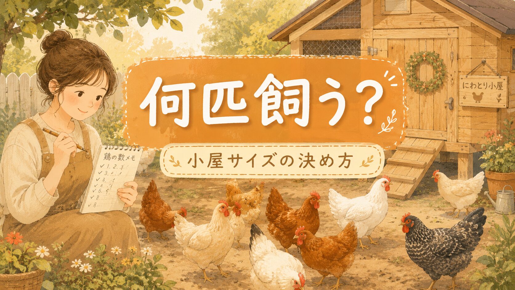 庭で鶏を何匹飼うか考えている人と放し飼いの鶏のイラスト
